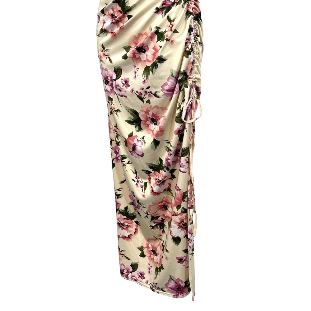Floral Ruched Maxi Dress in Cream and Pink Flowers - Picture 4 of 12